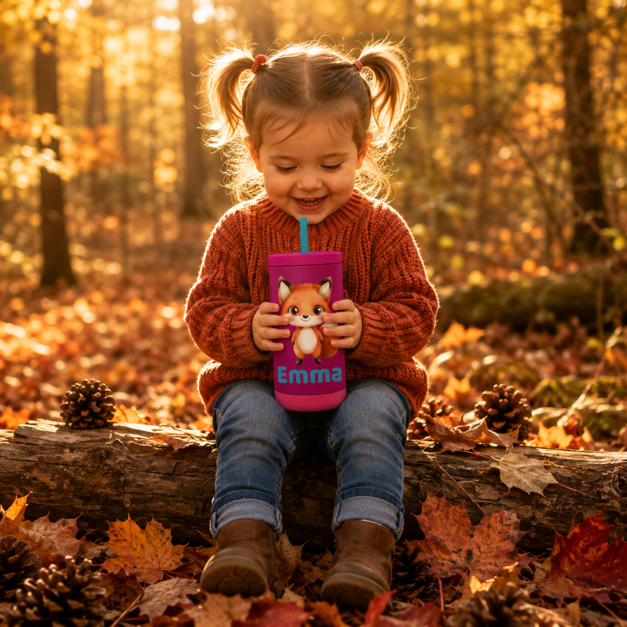 Personalized Fox Tumbler for Kids | Custom Name Woodland Fox Kids Tumbler with Straw