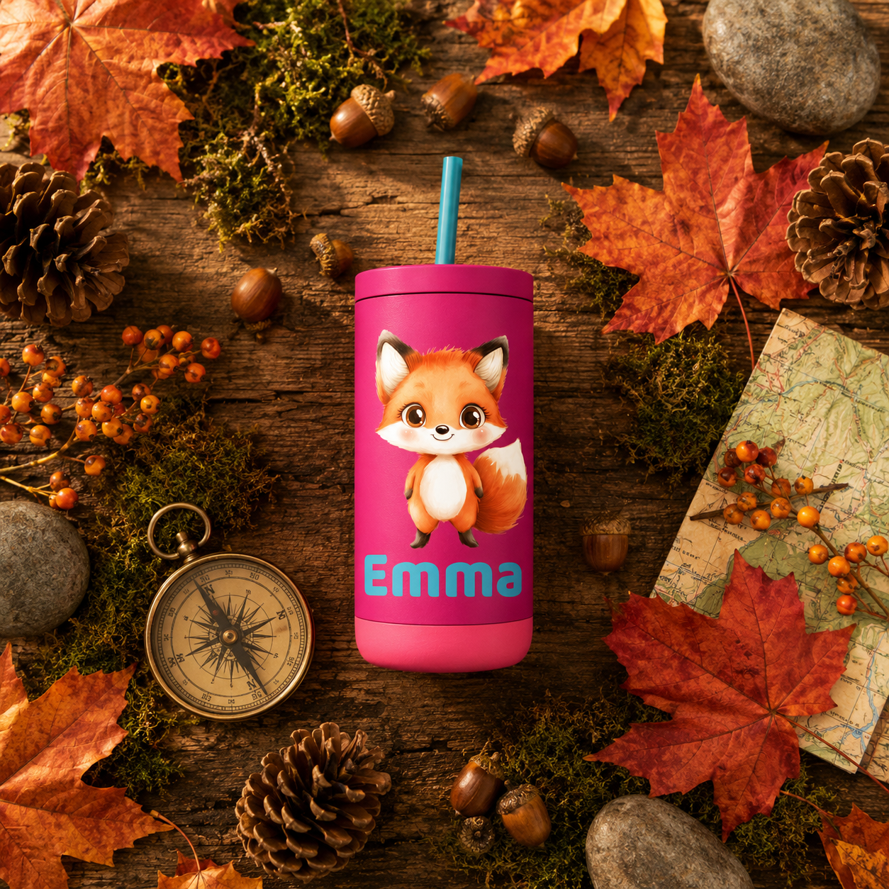 Personalized Fox Tumbler for Kids | Custom Name Woodland Fox Kids Tumbler with Straw