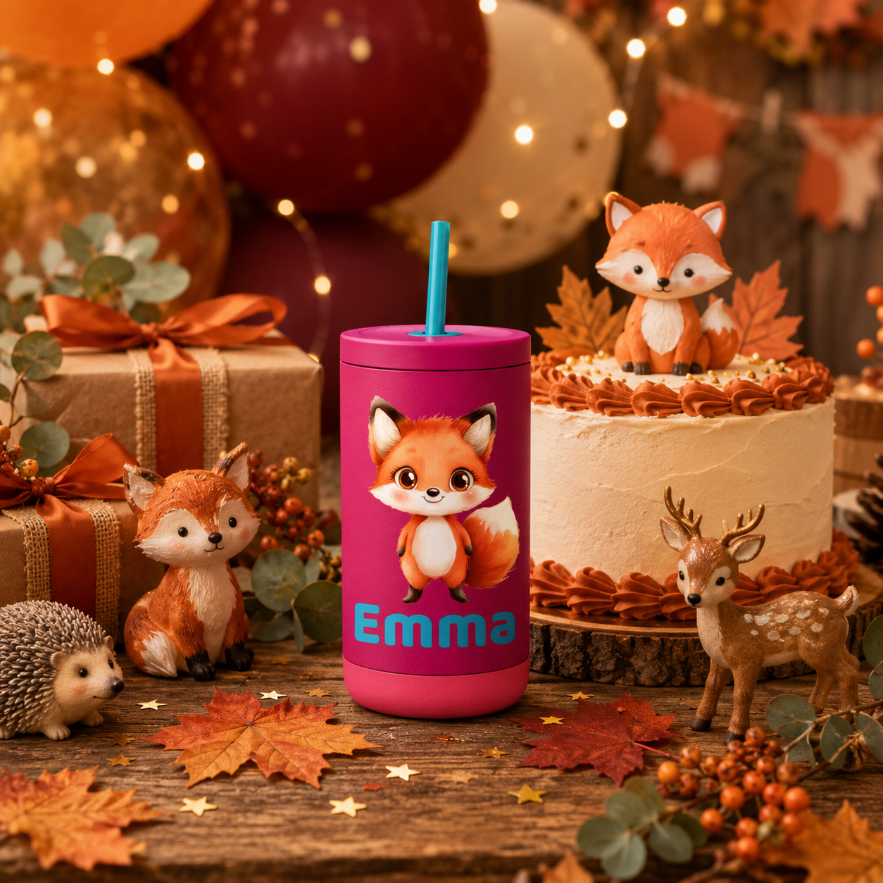 Personalized Fox Tumbler for Kids | Custom Name Woodland Fox Kids Tumbler with Straw