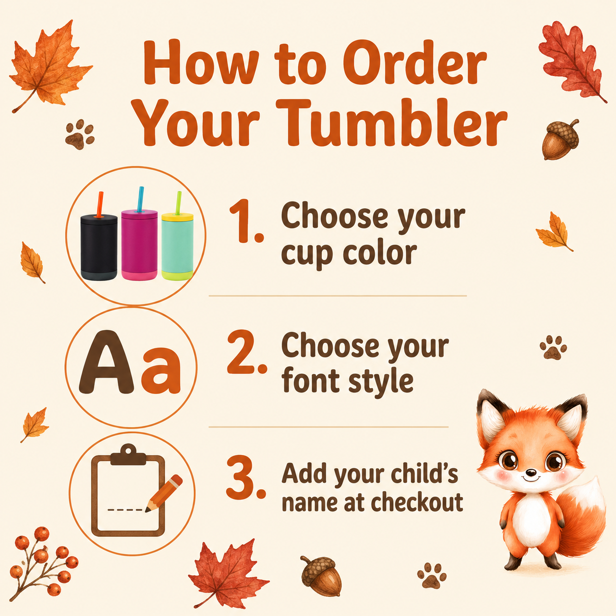 Personalized Fox Tumbler for Kids | Custom Name Woodland Fox Kids Tumbler with Straw