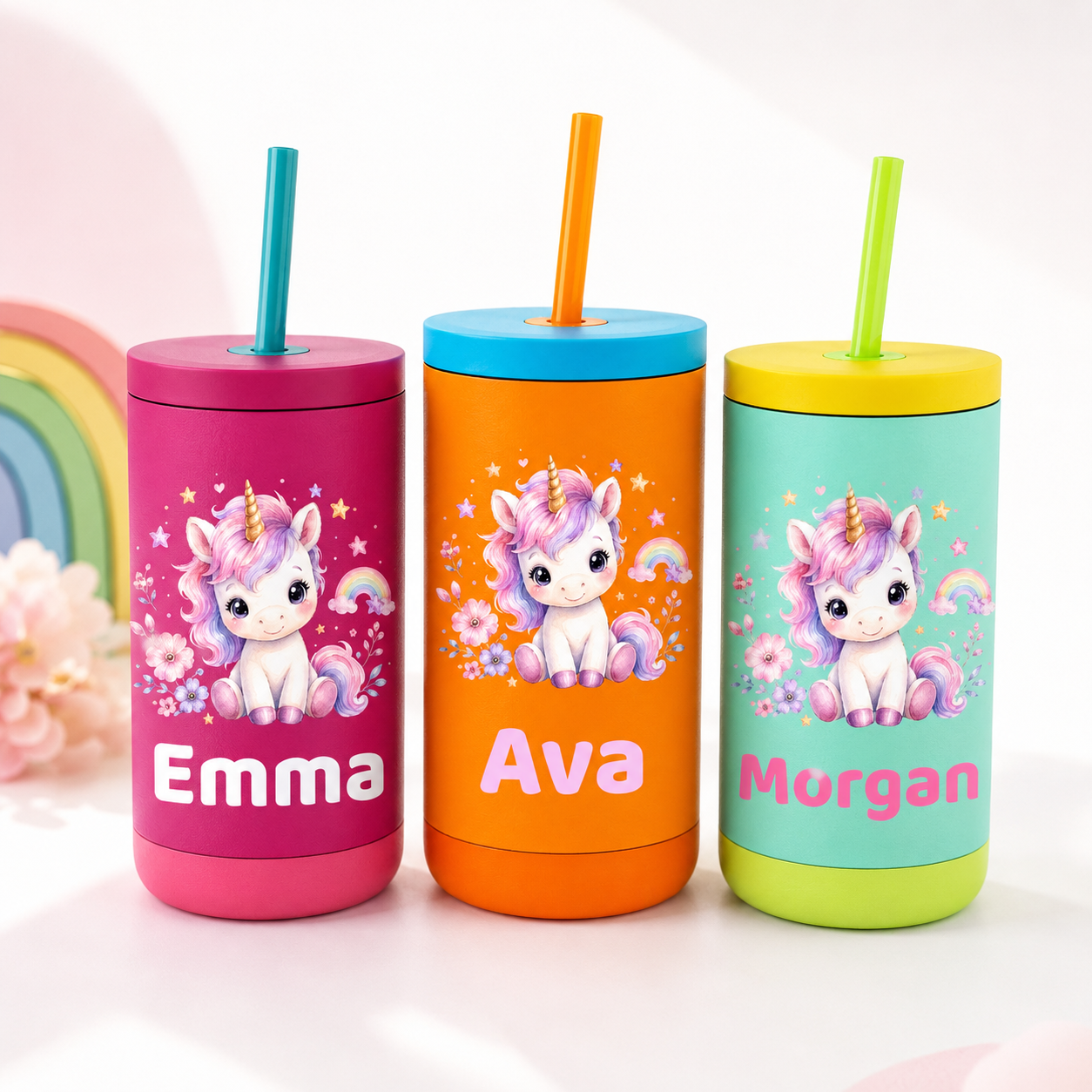 Personalized Unicorn Tumbler for Girls | Custom Name Kids Cup with Straw | Buckeye Shore Designs