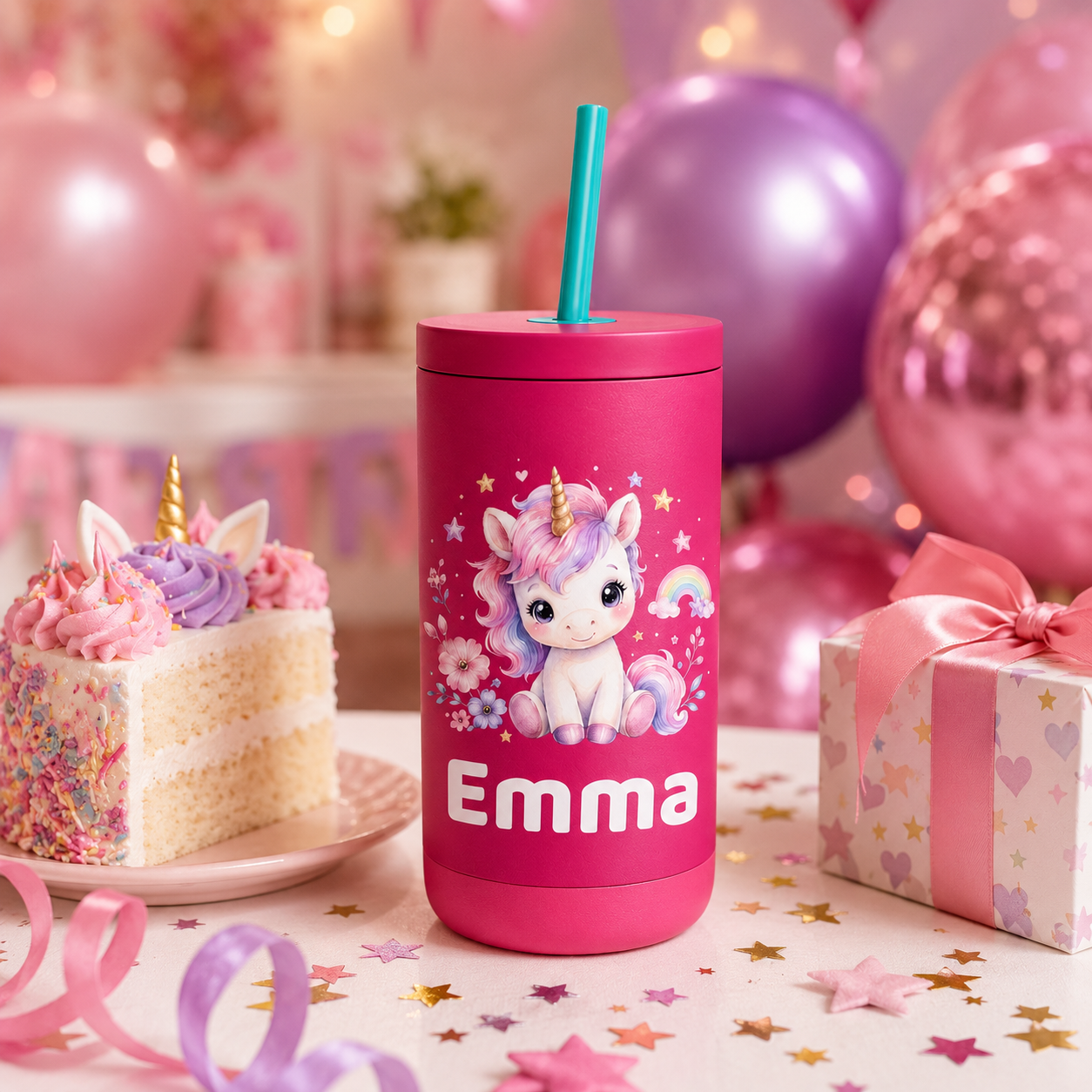 Personalized Unicorn Tumbler for Girls | Custom Name Kids Cup with Straw | Buckeye Shore Designs