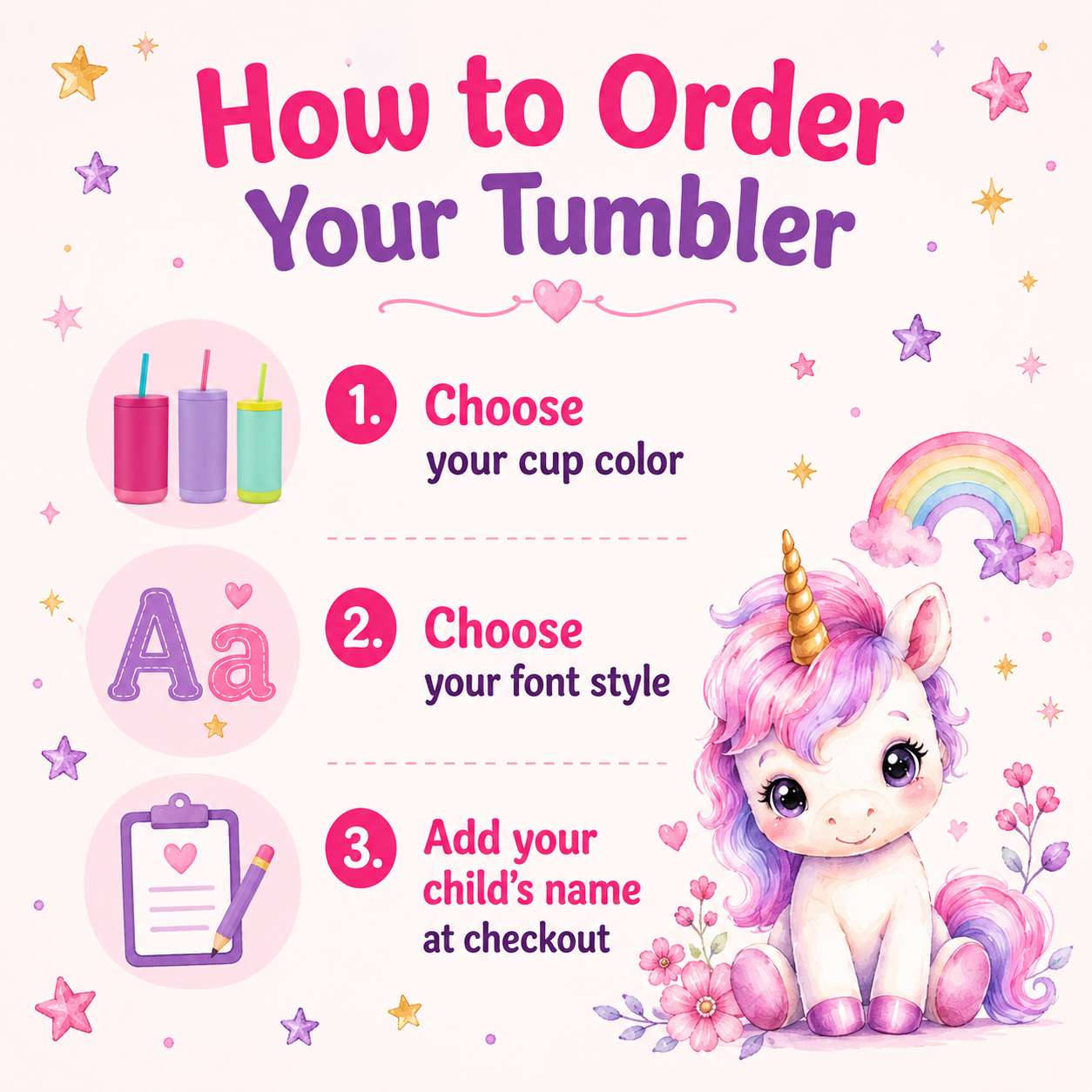 Personalized Unicorn Tumbler for Girls | Custom Name Kids Cup with Straw | Buckeye Shore Designs