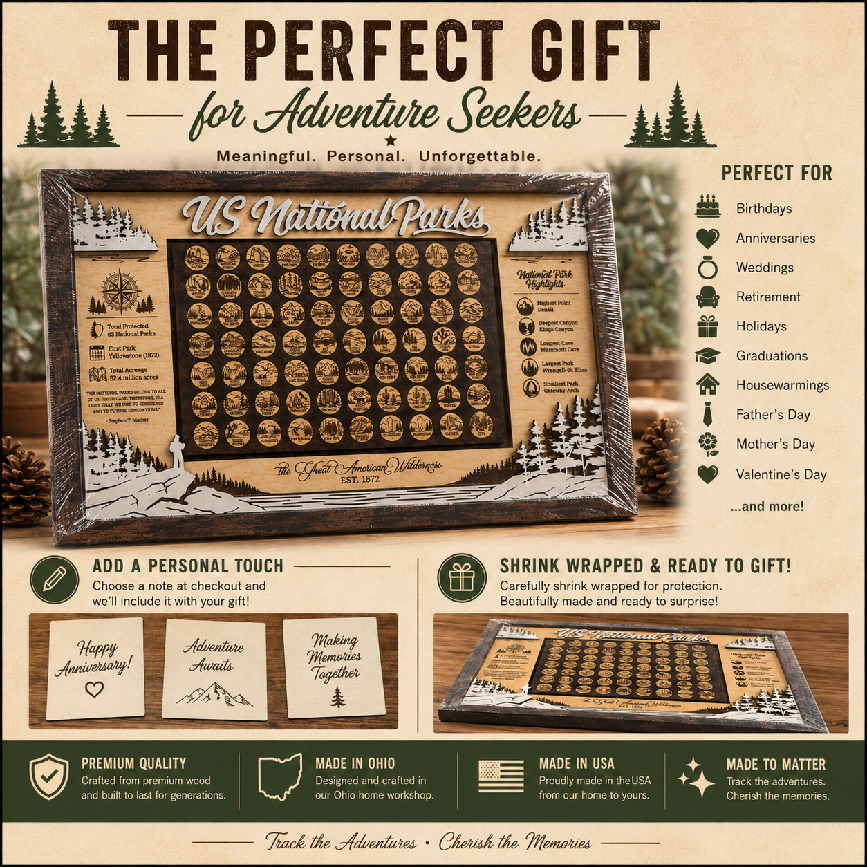 US National Parks Tracker Board | Laser Engraved | All 63 Parks | Handmade Wood Gift