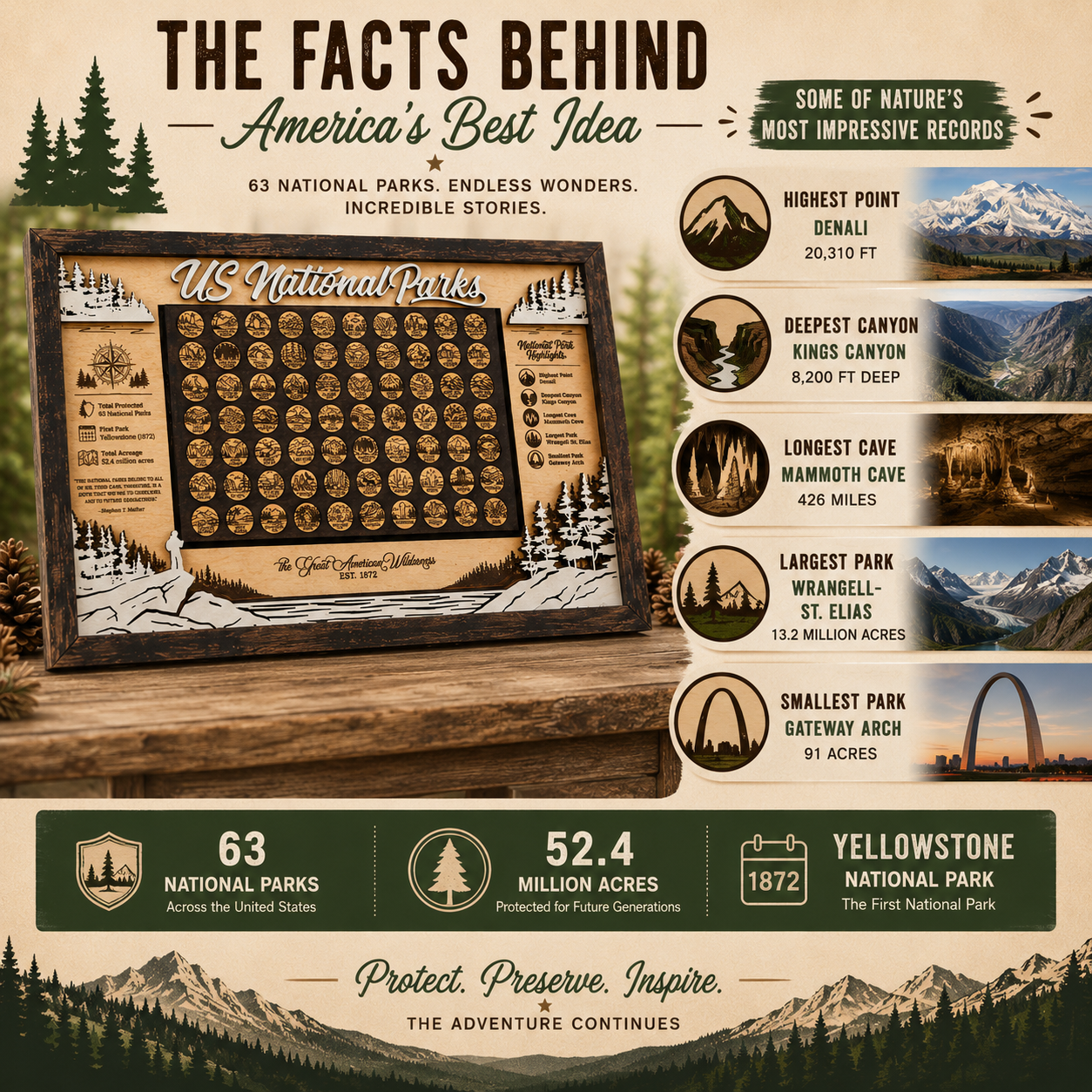 US National Parks Tracker Board | Laser Engraved | All 63 Parks | Handmade Wood Gift