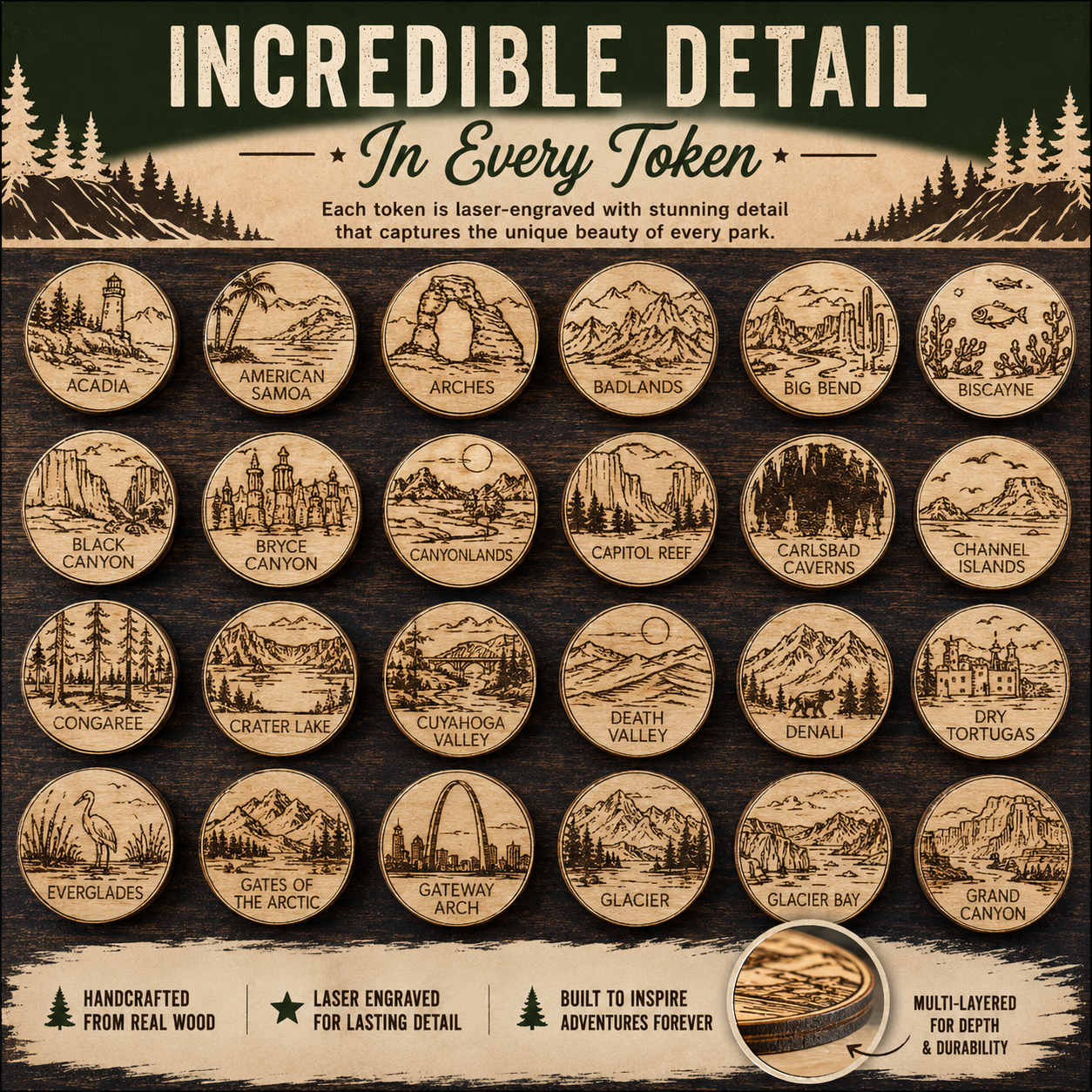 US National Parks Tracker Board | Laser Engraved | All 63 Parks | Handmade Wood Gift