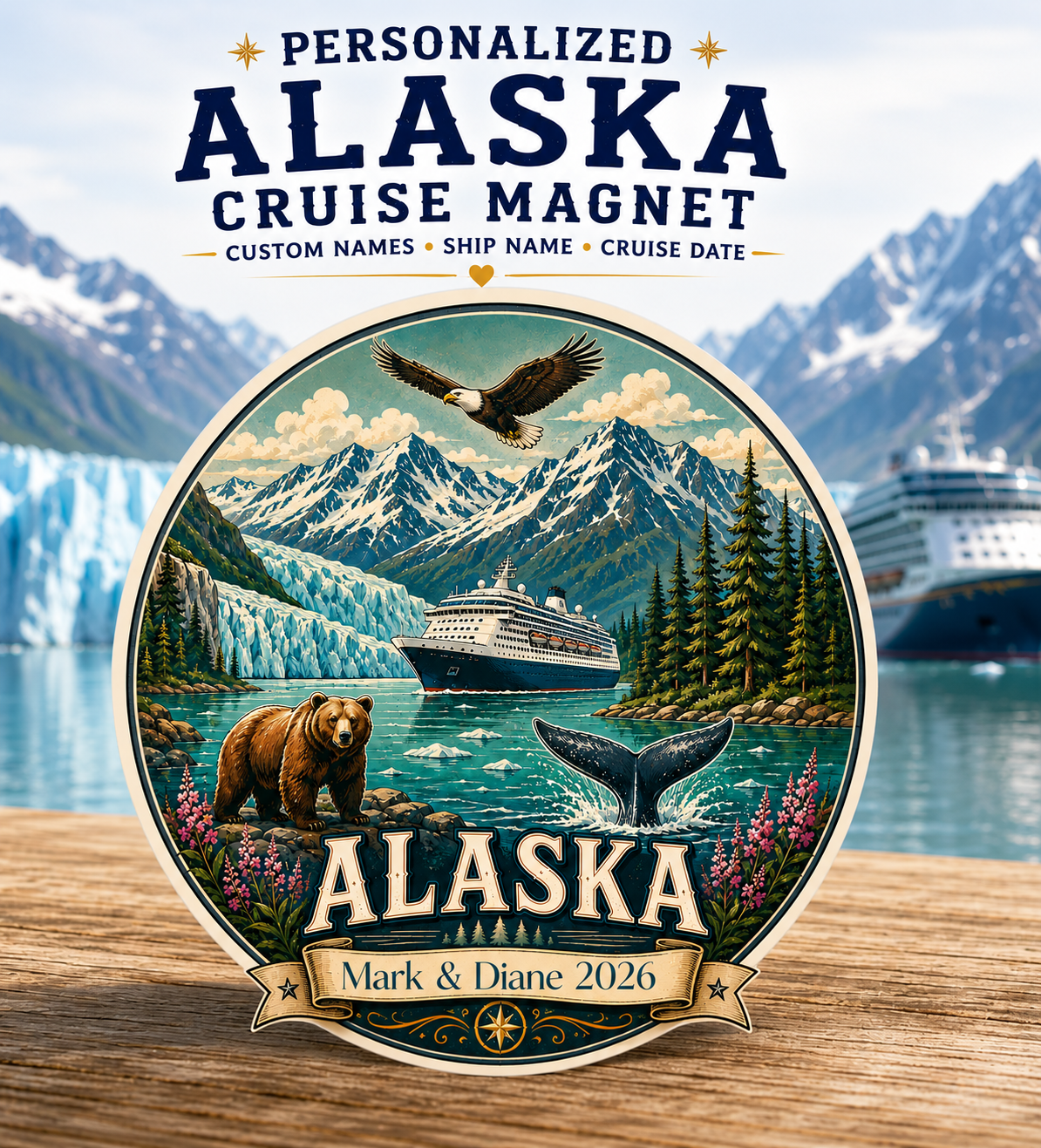 Personalized Alaska Cruise Magnet | Retro Vintage Style | Custom Banner Text | 5 Inch Cruise Door Magnet | Handmade in Ohio