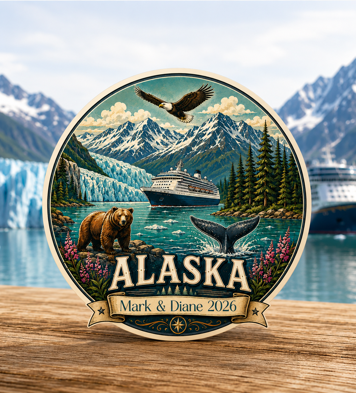 Personalized Alaska Cruise Magnet | Retro Vintage Style | Custom Banner Text | 5 Inch Cruise Door Magnet | Handmade in Ohio