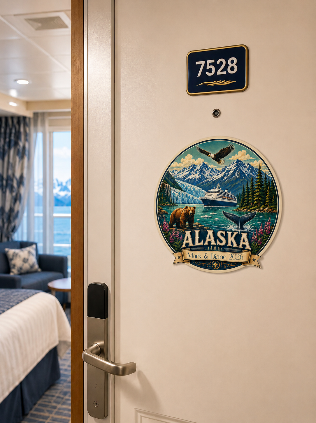 Personalized Alaska Cruise Magnet | Retro Vintage Style | Custom Banner Text | 5 Inch Cruise Door Magnet | Handmade in Ohio