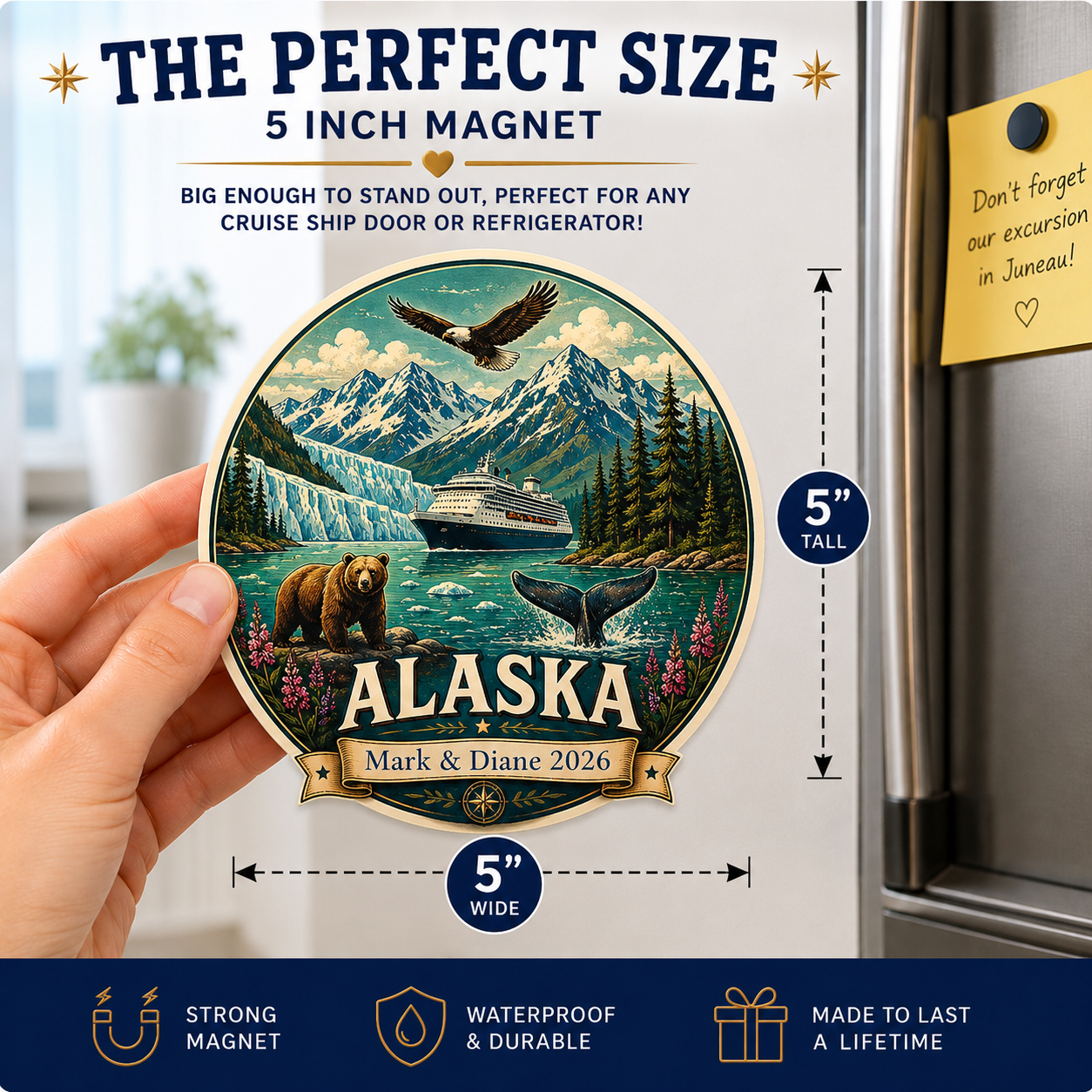 Personalized Alaska Cruise Magnet | Retro Vintage Style | Custom Banner Text | 5 Inch Cruise Door Magnet | Handmade in Ohio