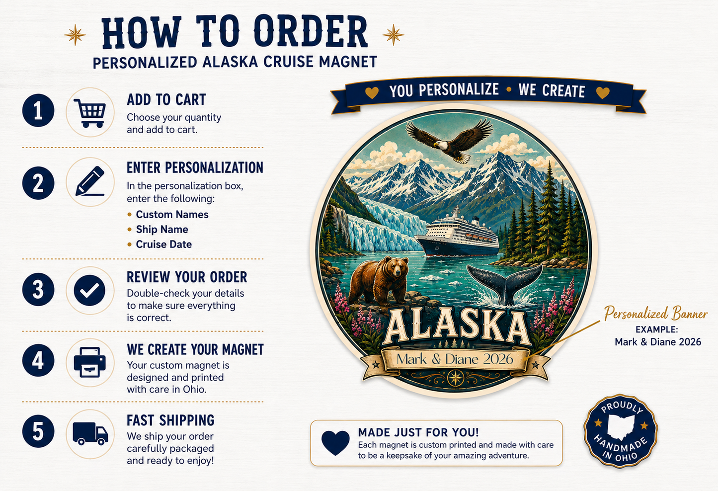 Personalized Alaska Cruise Magnet | Retro Vintage Style | Custom Banner Text | 5 Inch Cruise Door Magnet | Handmade in Ohio