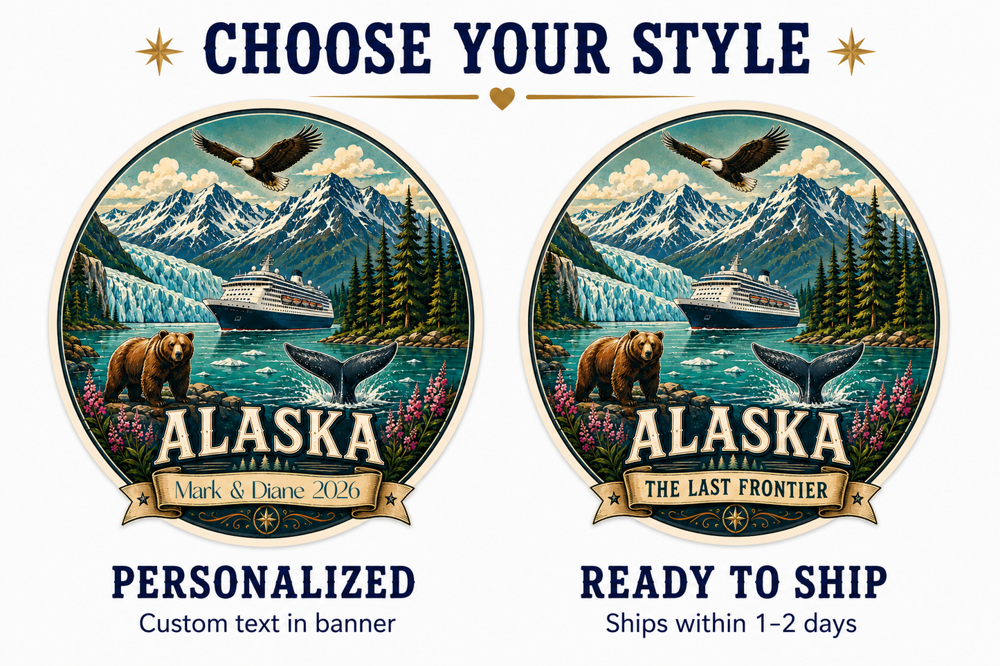 Personalized Alaska Cruise Magnet | Retro Vintage Style | Custom Banner Text | 5 Inch Cruise Door Magnet | Handmade in Ohio