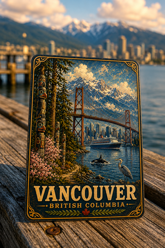 Vancouver British Columbia Cruise Magnet | Vintage Travel Poster Style | Lions Gate Bridge | WPA Souvenir Magnet | Handmade in Ohio