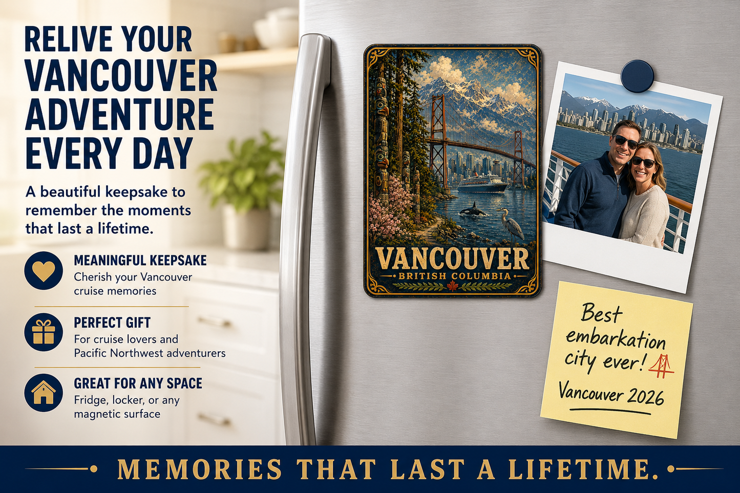 Vancouver British Columbia Cruise Magnet | Vintage Travel Poster Style | Lions Gate Bridge | WPA Souvenir Magnet | Handmade in Ohio