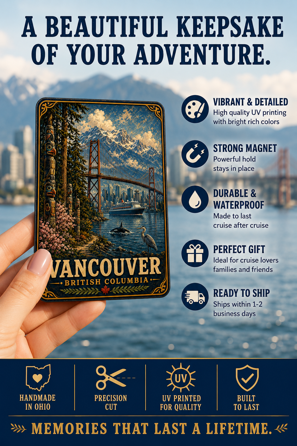 Vancouver British Columbia Cruise Magnet | Vintage Travel Poster Style | Lions Gate Bridge | WPA Souvenir Magnet | Handmade in Ohio
