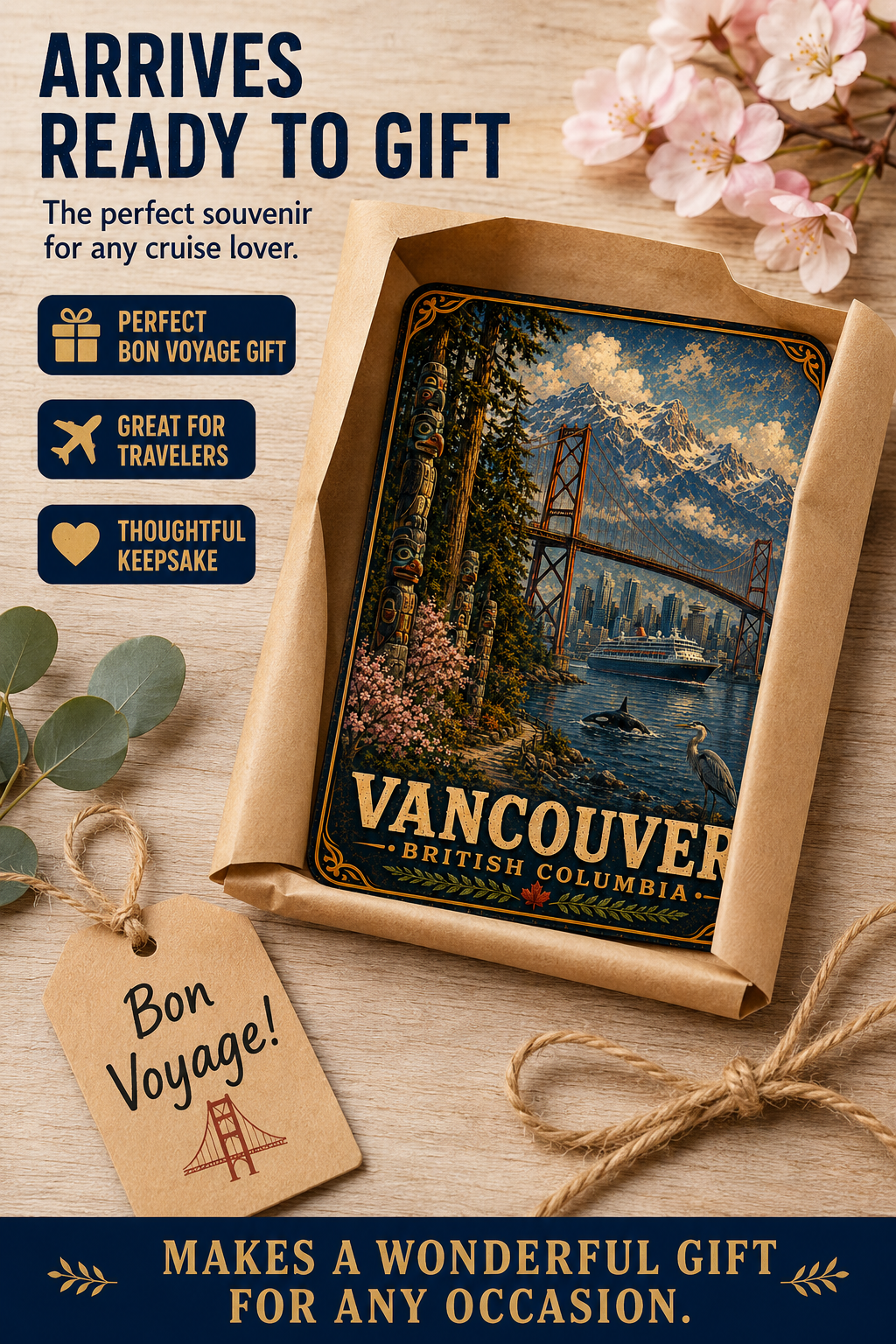 Vancouver British Columbia Cruise Magnet | Vintage Travel Poster Style | Lions Gate Bridge | WPA Souvenir Magnet | Handmade in Ohio