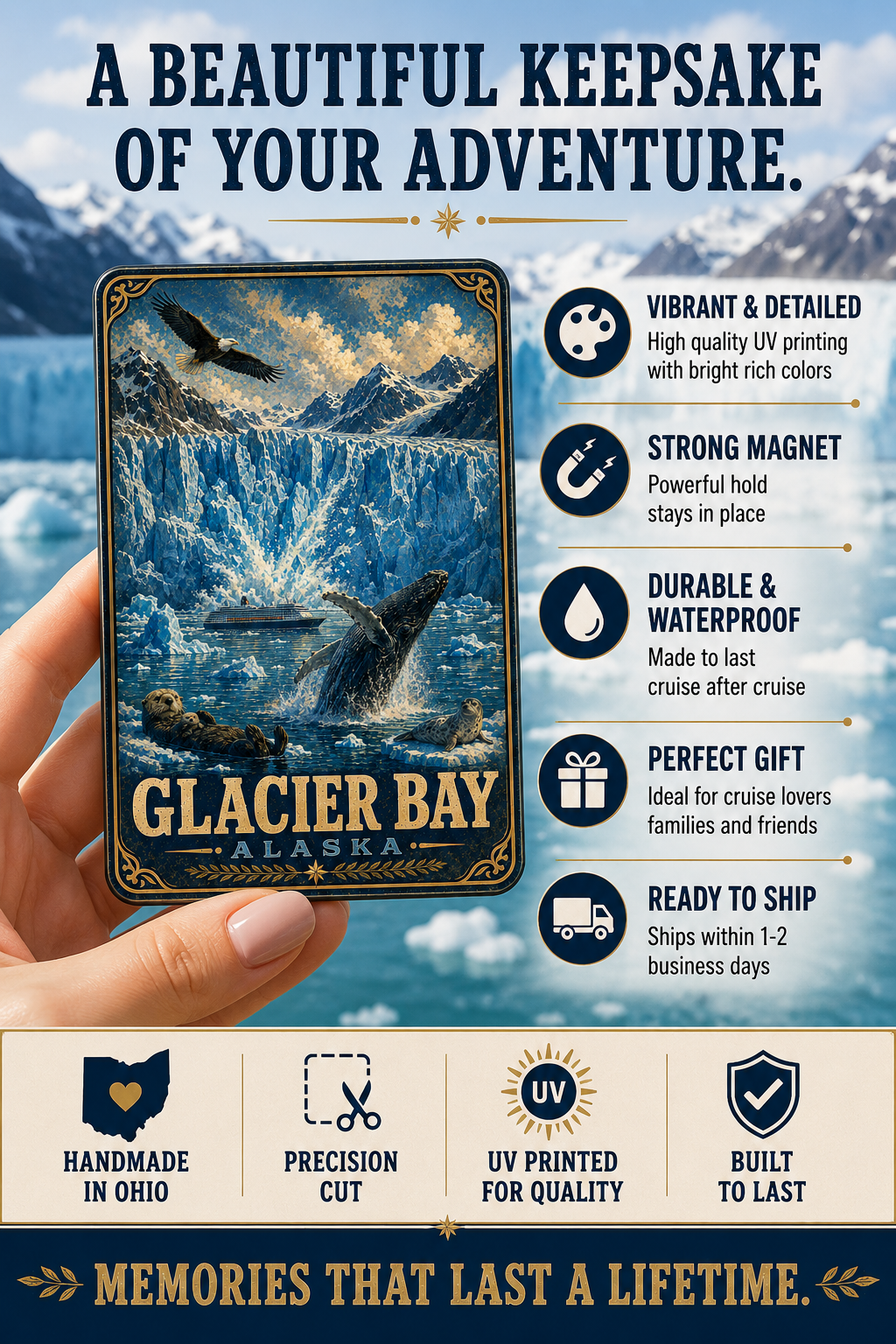 Glacier Bay Alaska Cruise Magnet | Vintage Travel Poster Style | WPA Souvenir Magnet | Handmade in Ohio