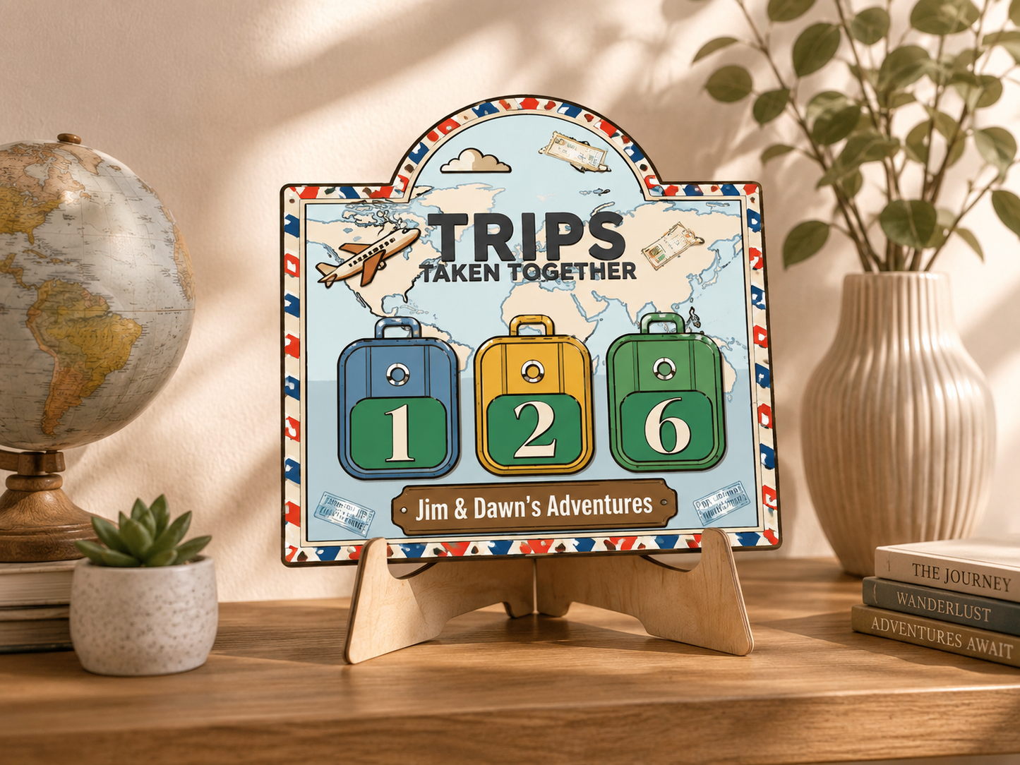 Personalized Travel Tracker Sign – Trips Taken Together Adventure Counter with Interchangeable Suitcase