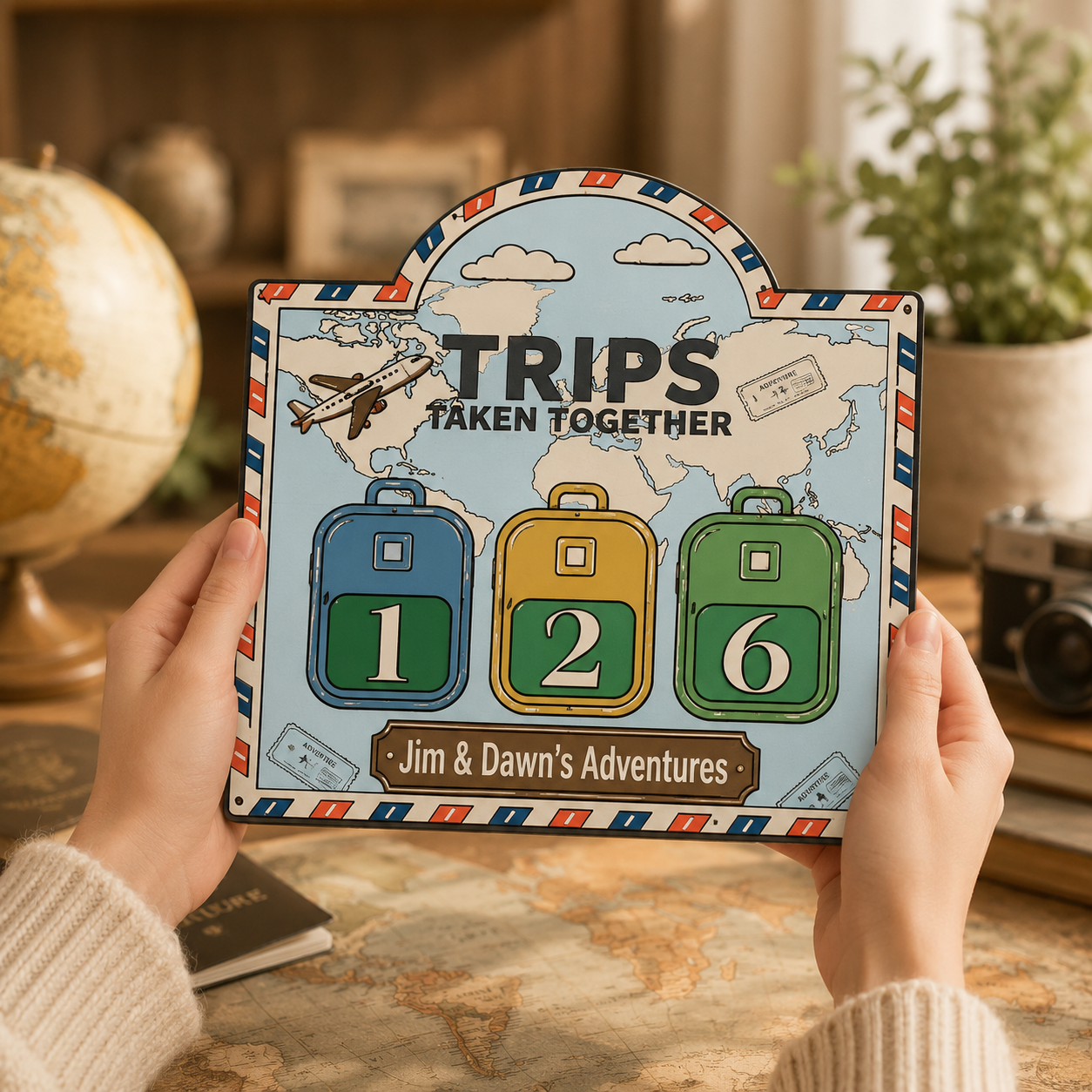Personalized Travel Tracker Sign – Trips Taken Together Adventure Counter with Interchangeable Suitcase