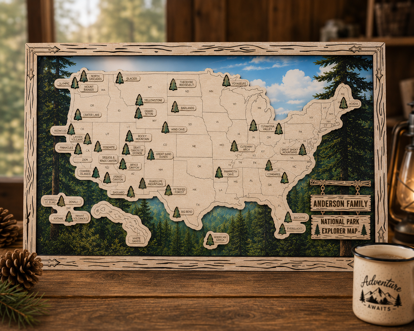 Personalized National Park Explorer Map – UV Printed Wooden Travel Tracker & Adventure Keepsake