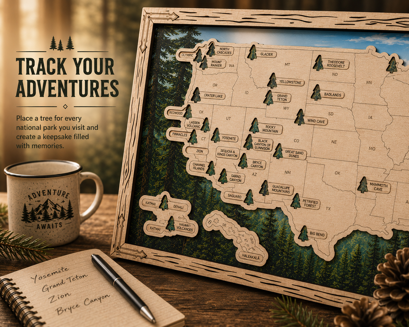 Personalized National Park Explorer Map – UV Printed Wooden Travel Tracker & Adventure Keepsake