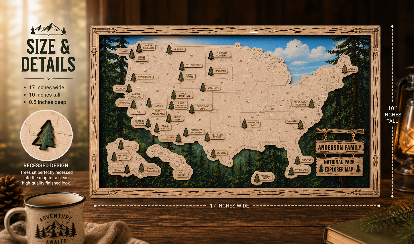 Personalized National Park Explorer Map – UV Printed Wooden Travel Tracker & Adventure Keepsake