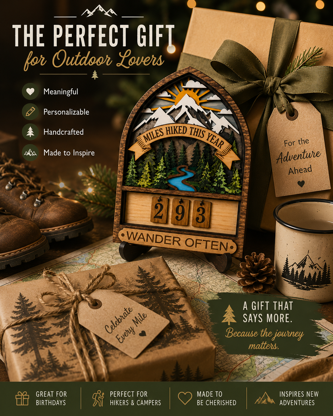 Personalized Hiking Miles Tracker Sign – Wooden Adventure Counter Gift for Hikers & Outdoor Lovers