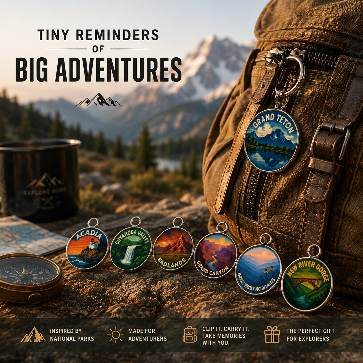National Park Adventure Charm Keychain – Collectible Travel Keepsake for Hikers & Travelers