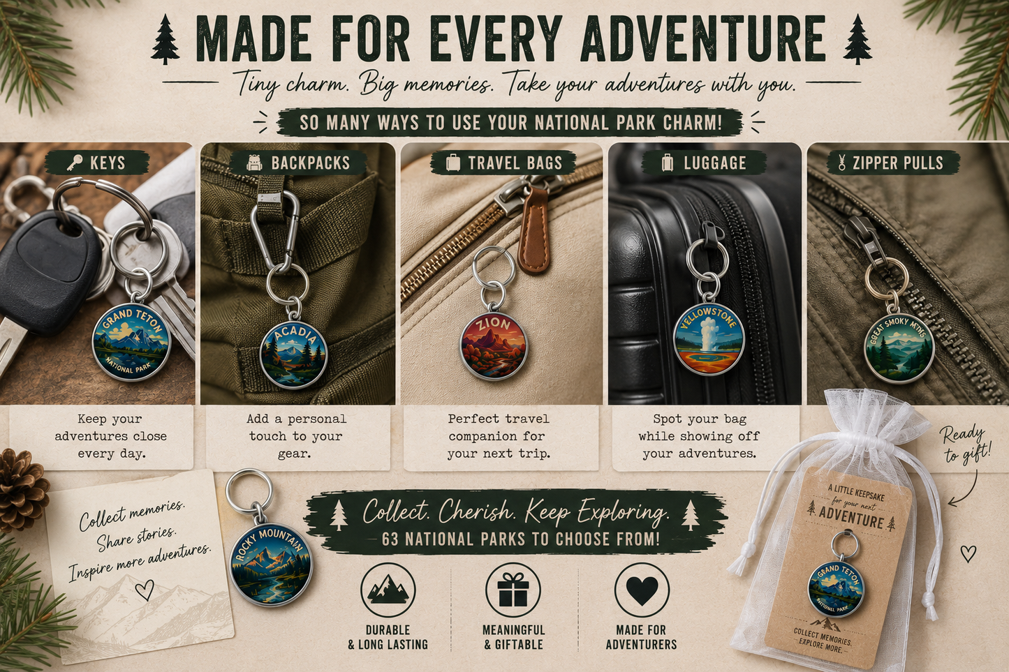 National Park Adventure Charm Keychain – Collectible Travel Keepsake for Hikers & Travelers