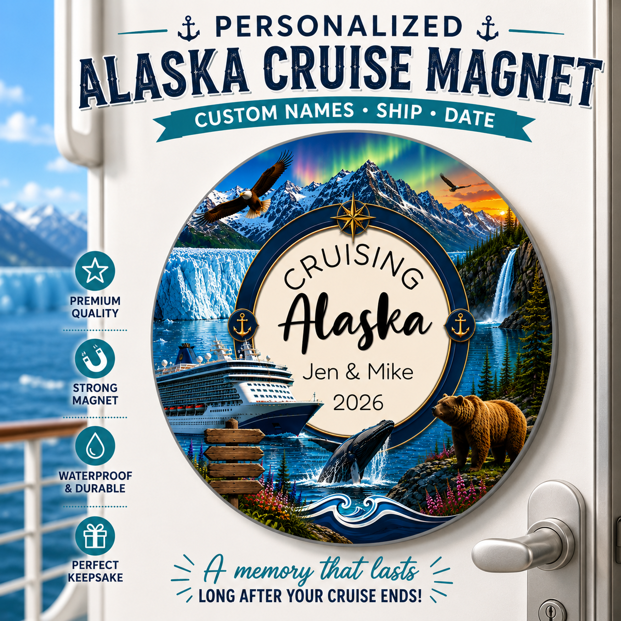 Personalized Alaska Cruise Magnet featuring glacier scenery and custom family name