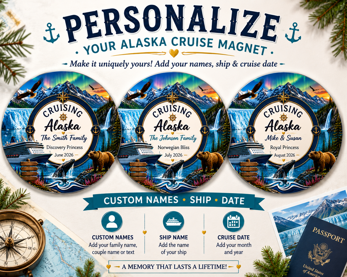 Personalized Alaska Cruise Magnet – Glacier Adventure Travel Souvenir