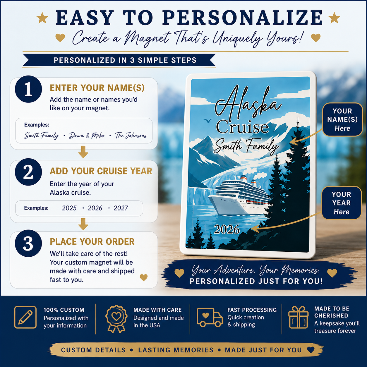 Personalized Alaska Cruise Magnet – Custom Cruise Ship Souvenir & Family Vacation Keepsake