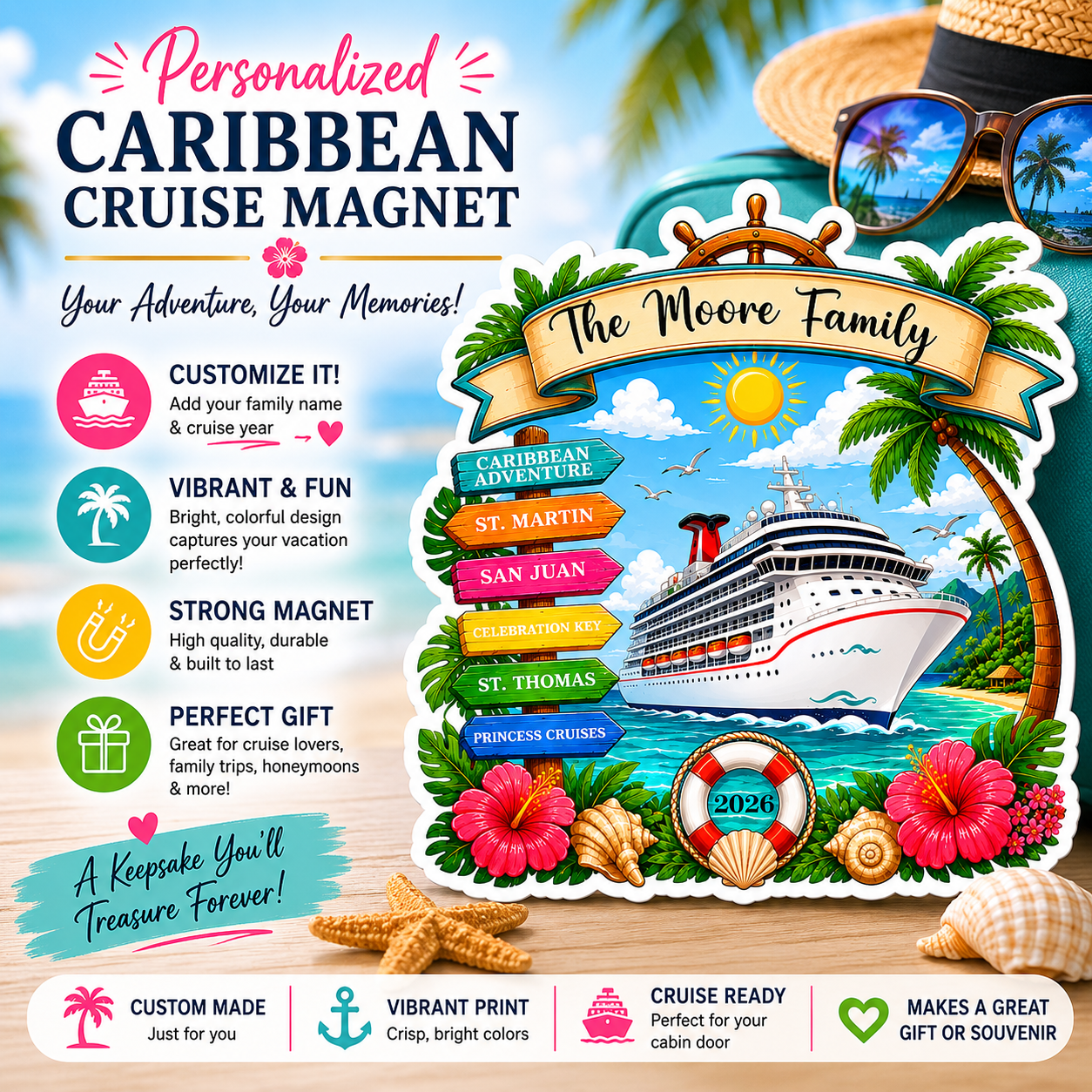 Personalized Eastern Caribbean Cruise Magnet – Custom Family Vacation Keepsake