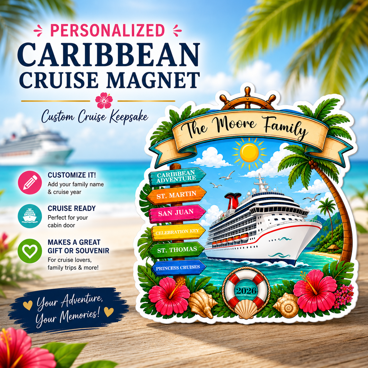 Personalized Eastern Caribbean Cruise Magnet – Custom Family Vacation Keepsake