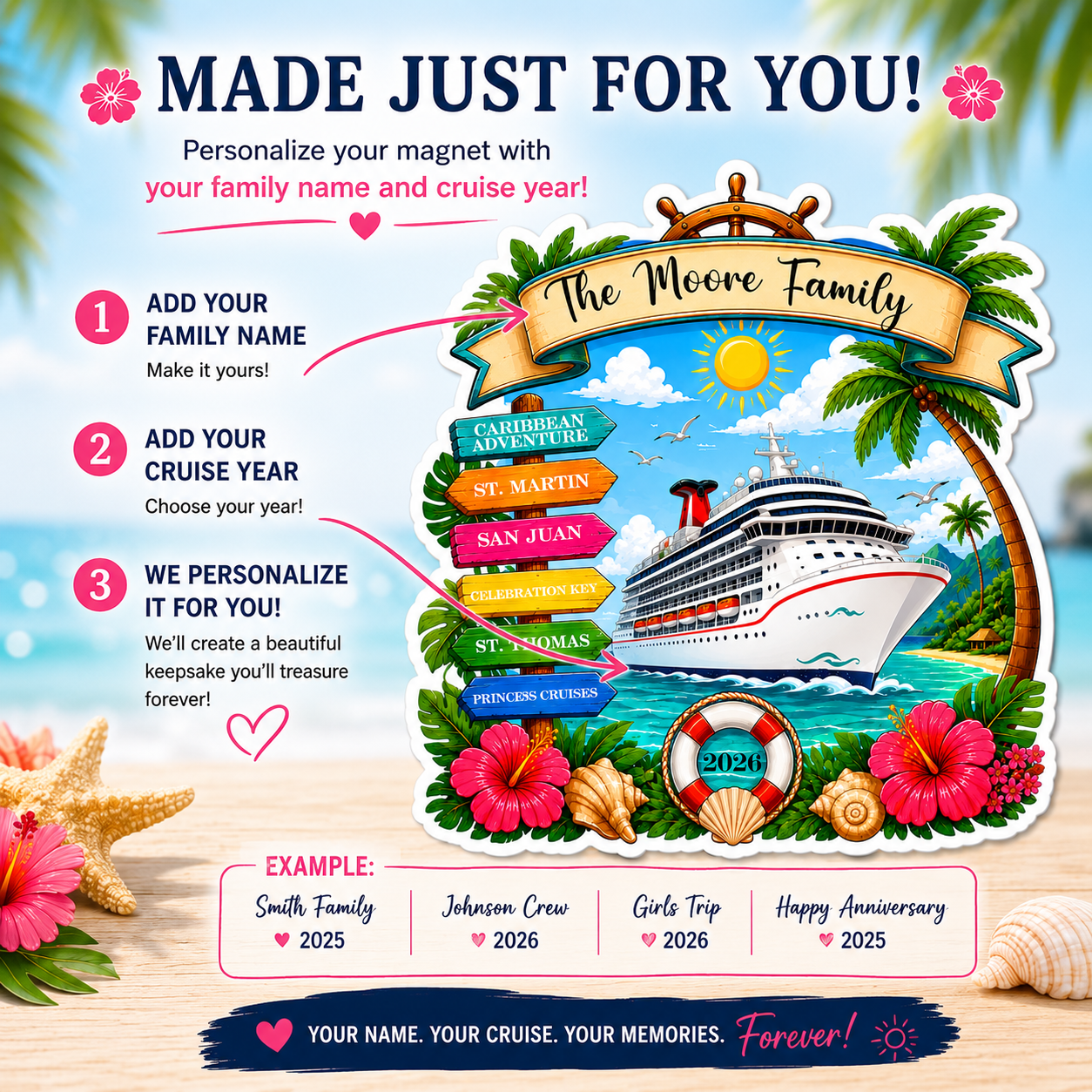 Personalized Eastern Caribbean Cruise Magnet – Custom Family Vacation Keepsake
