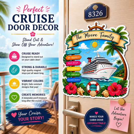 Personalized Eastern Caribbean Cruise Magnet with custom family name and tropical cruise design
