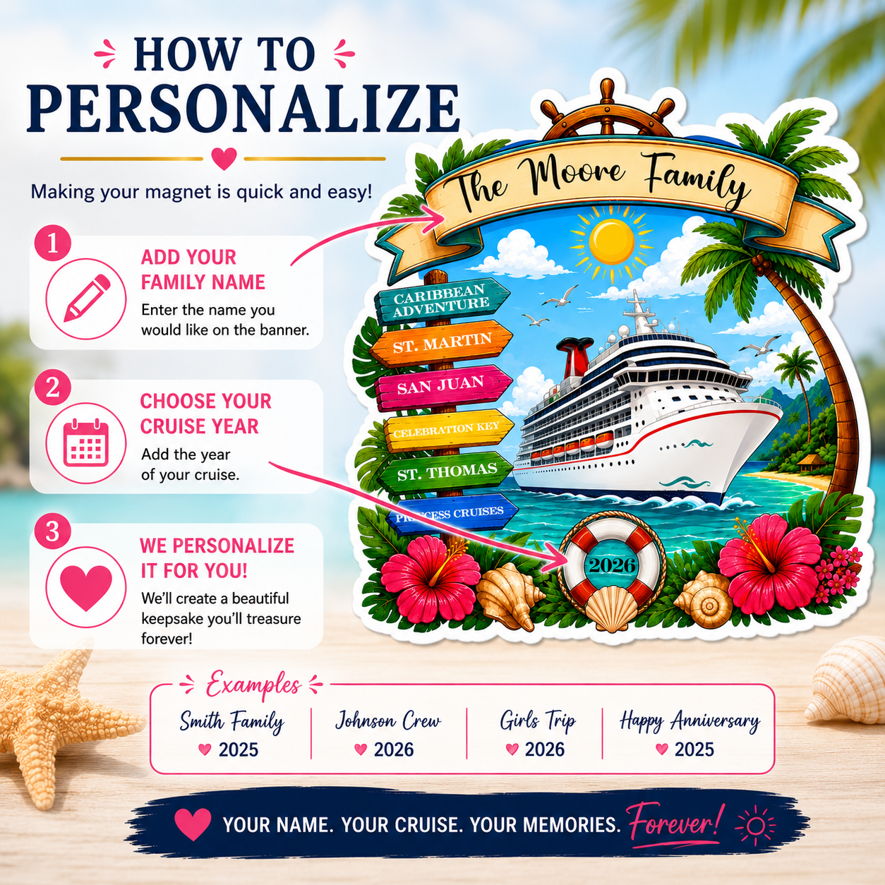 Personalized Eastern Caribbean Cruise Magnet – Custom Family Vacation Keepsake