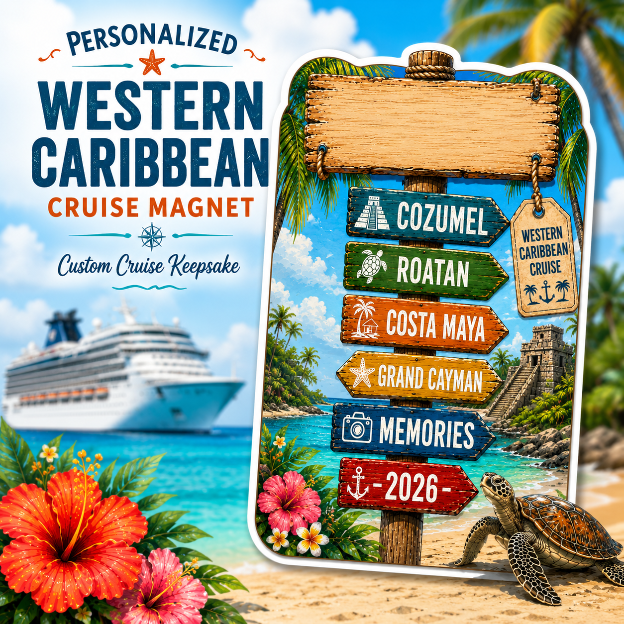 Personalized Western Caribbean Cruise Magnet with custom family name and tropical cruise design