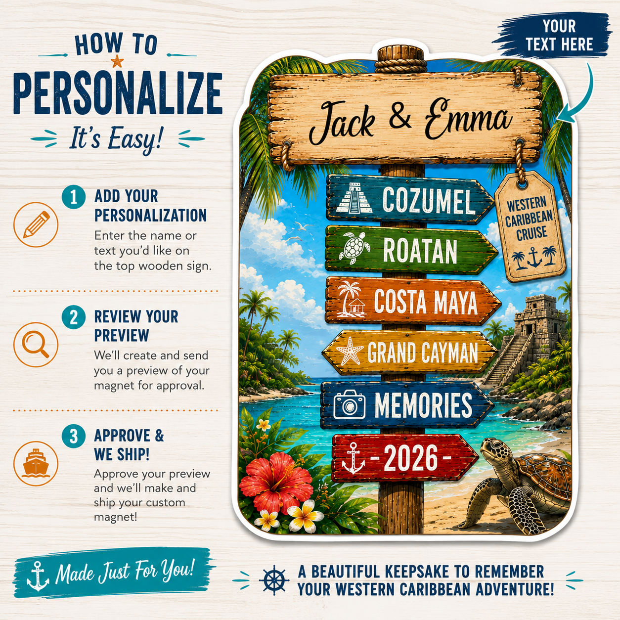 Personalized Western Caribbean Cruise Magnet – Custom Family Vacation Keepsake