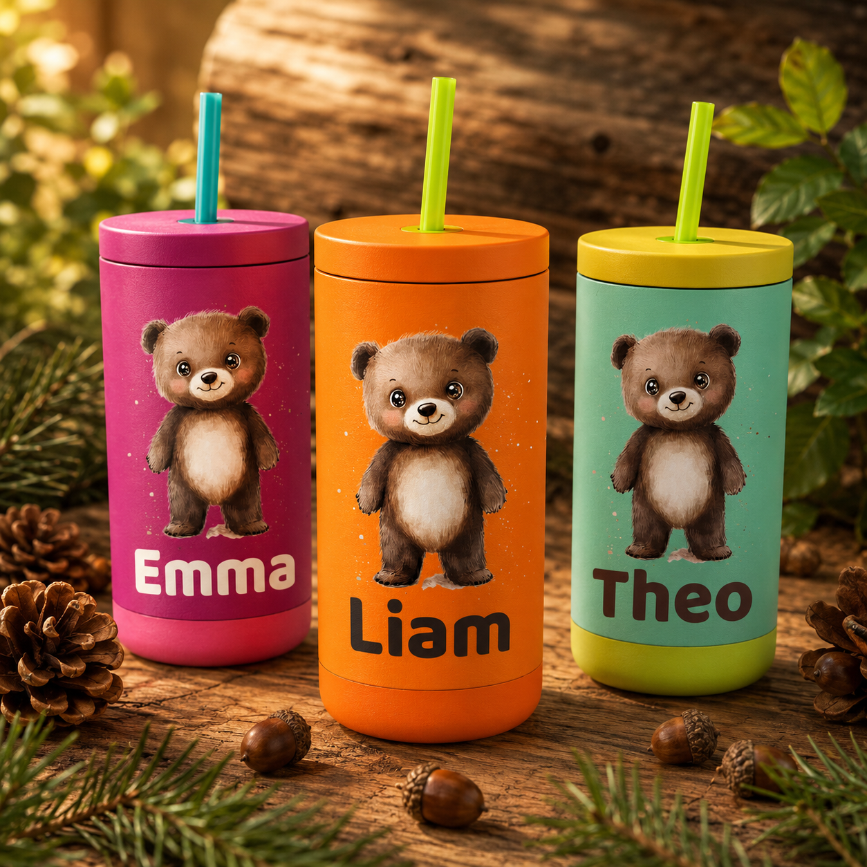Personalized Bear Tumbler for Kids | Custom Name Woodland Bear Kids Tumbler with Straw