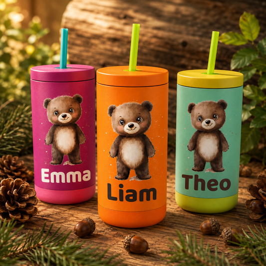Personalized Bear Tumbler for Kids | Custom Name Woodland Bear Kids Tumbler with Straw
