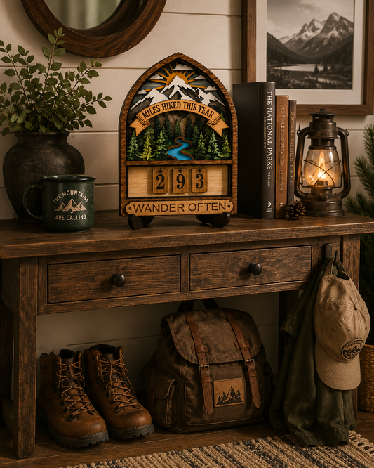 Personalized Hiking Miles Tracker Sign – Wooden Adventure Counter Gift for Hikers & Outdoor Lovers