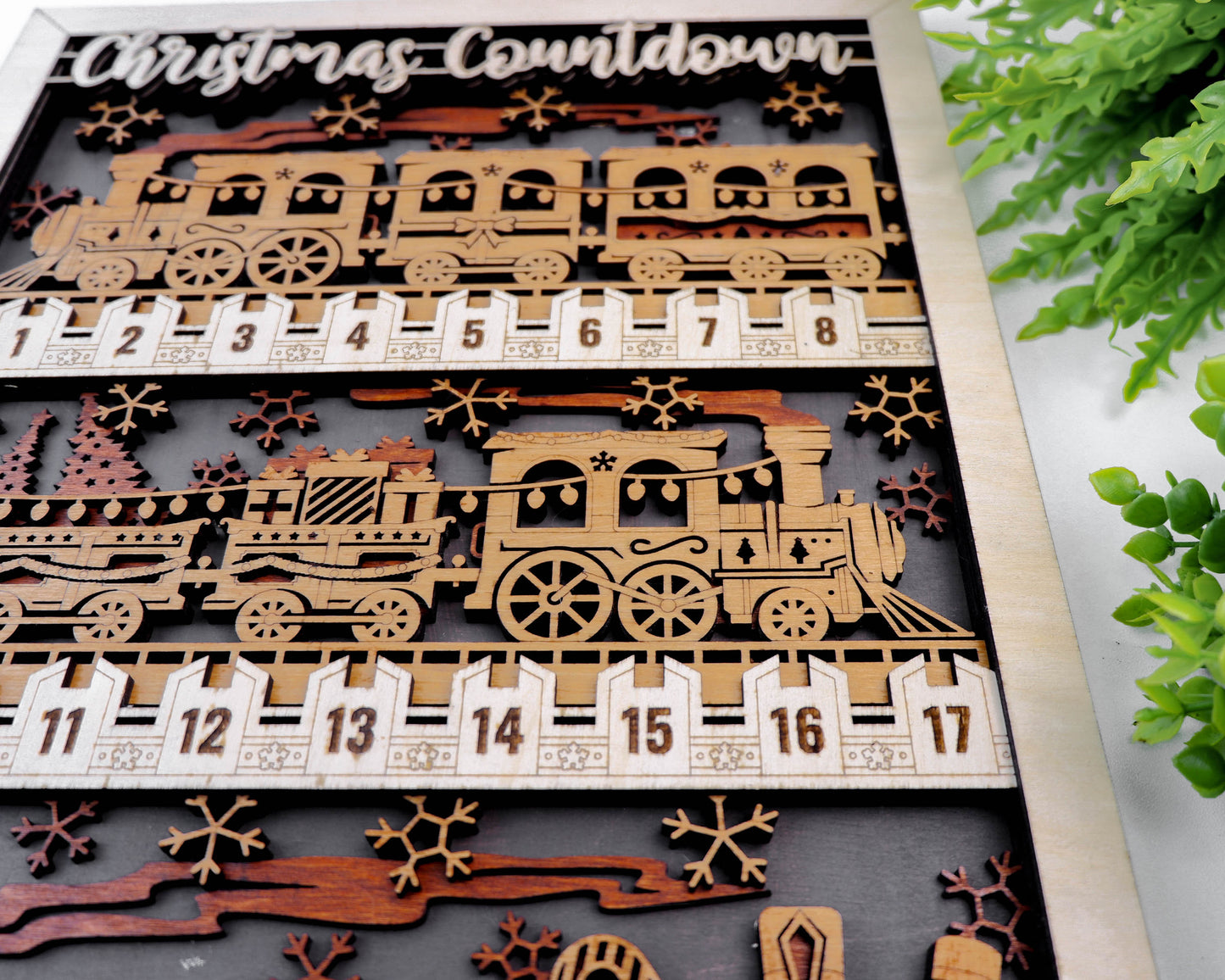 Personalized Christmas Countdown Sign – Custom Laser Cut Train in the Snow Wooden Advent Calendar (15x11)