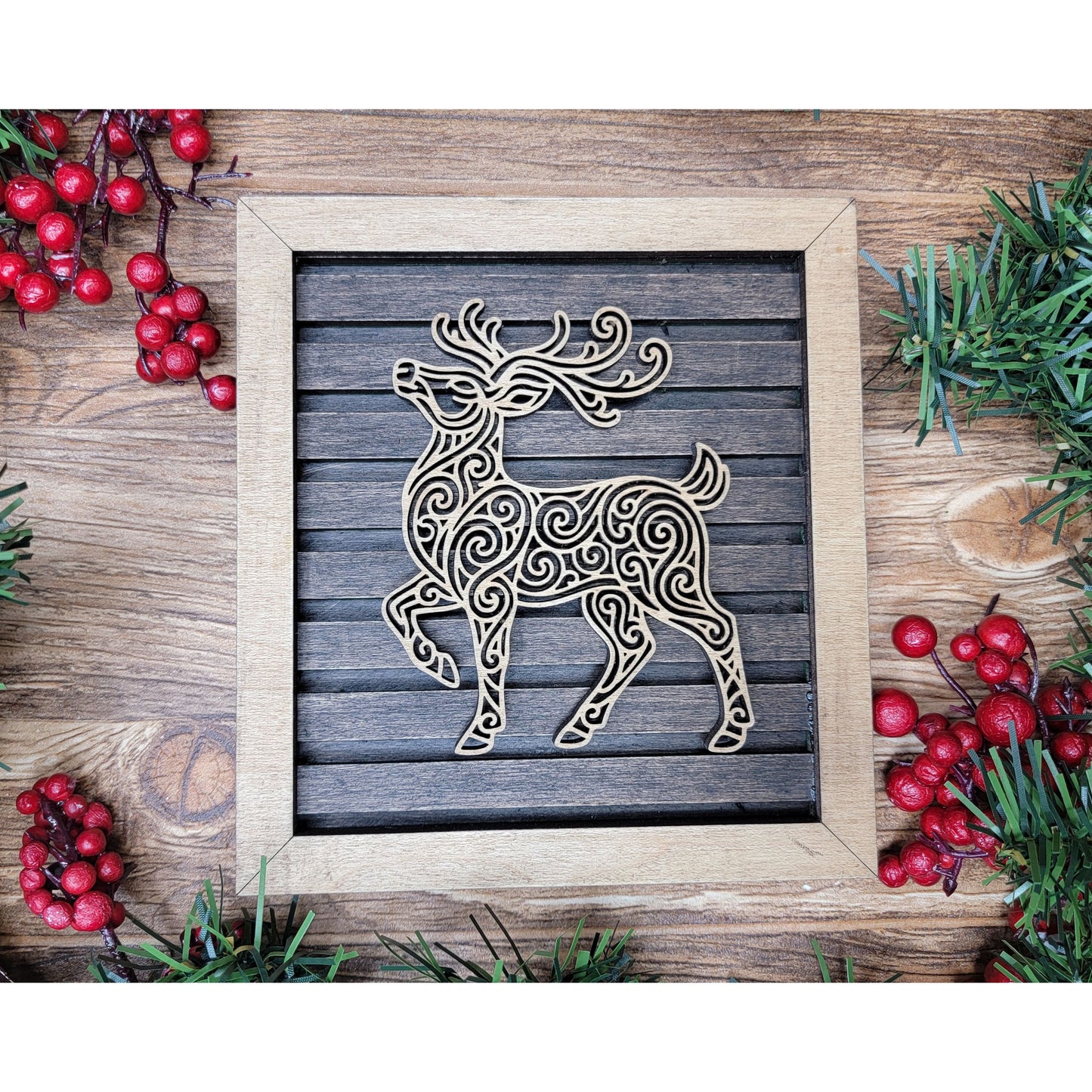 Reindeer Line Art Wood Christmas Decor – Handmade Laser Cut Holiday Wall Art or Mantle Display, Multiple Sizes