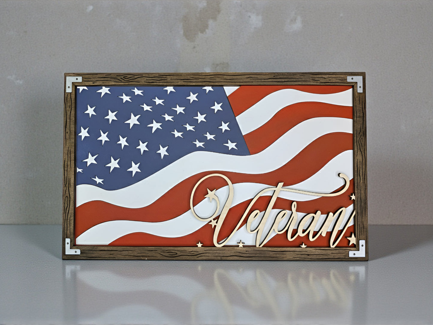 Hand Painted Wooden American Flag  – Laser Engraved Patriotic Decor with Easel, Veteran's Flag