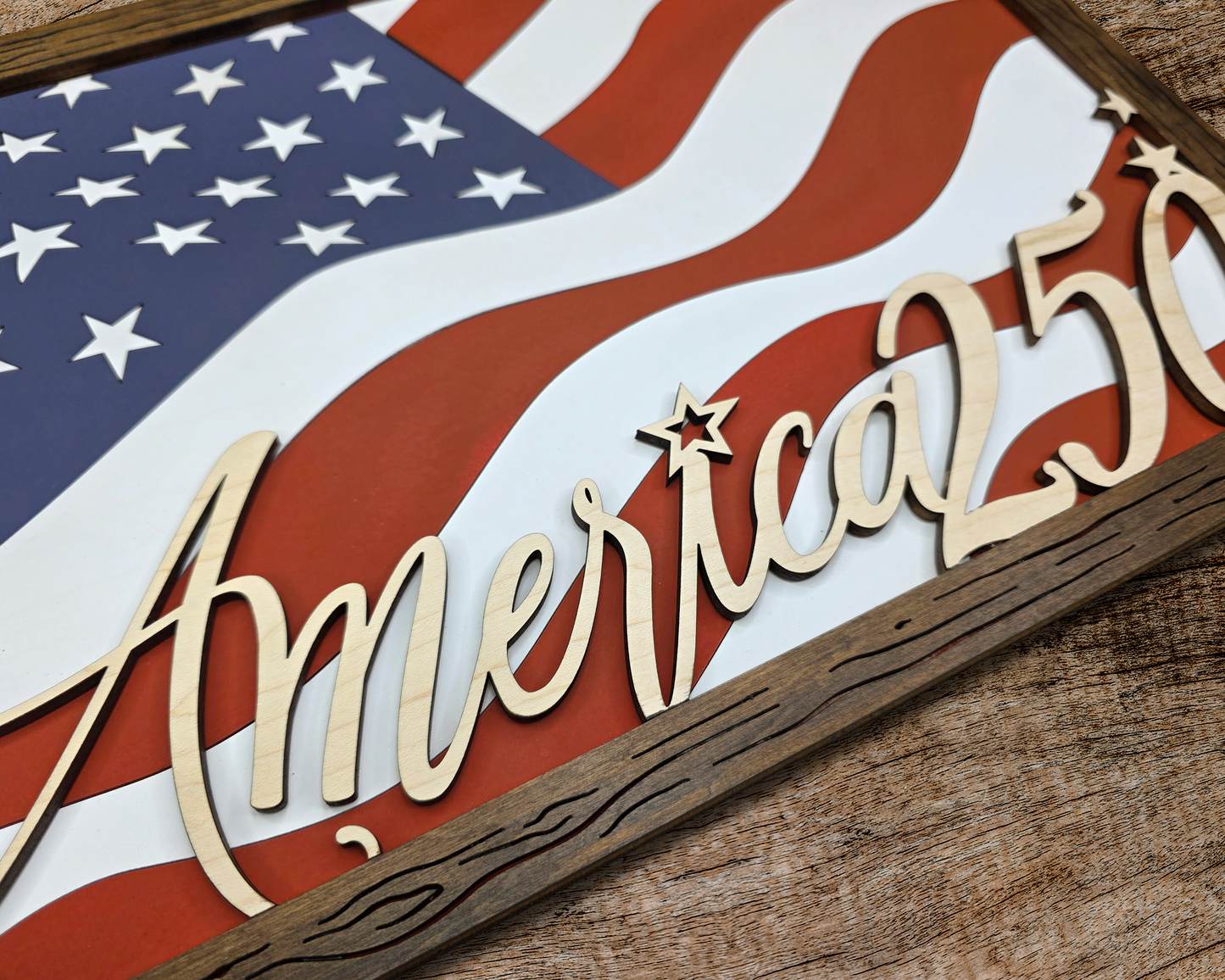 Hand Painted Wooden American Flag  – Laser Engraved Patriotic Decor with Easel, Veteran's Flag
