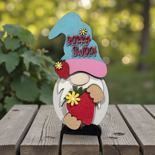 Summer Strawberry Gnome Shelf Sitter – Interchangeable Outfit | Handmade Wooden Gnome Decor