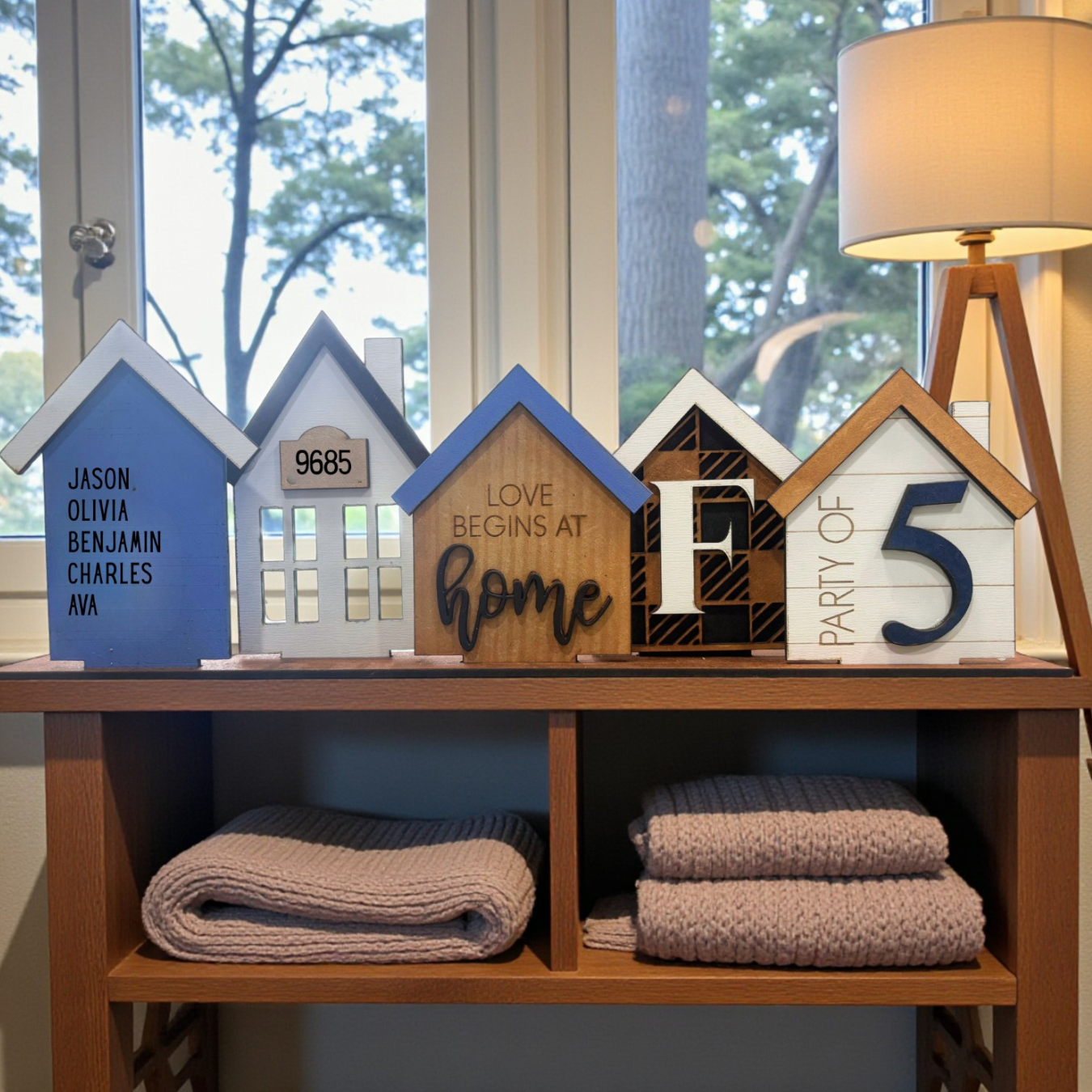 Personalized Family Home Standing House Sign – Hand painted Shelf Sitter with Names, Address, Party Of & Quote