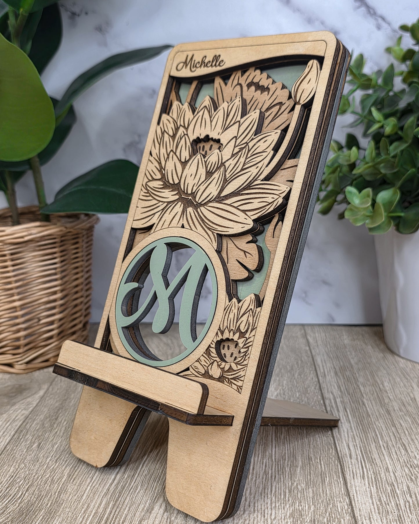 Personalized Wooden Folding Phone Stand – Engraved Name or Monogram Phone Holder