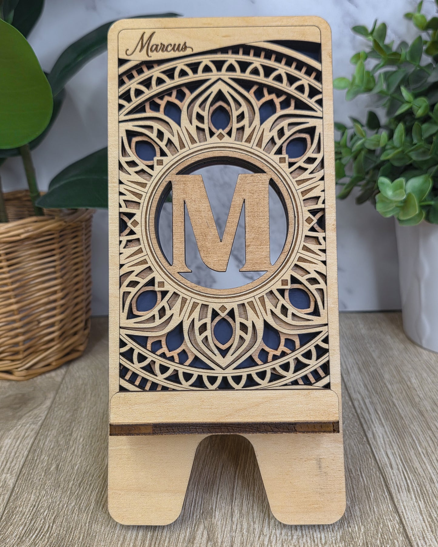 Personalized Wooden Folding Phone Stand – Engraved Name or Monogram Phone Holder